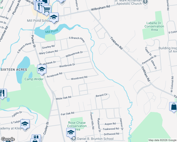 map of restaurants, bars, coffee shops, grocery stores, and more near 213 Acrebrook Road in Springfield