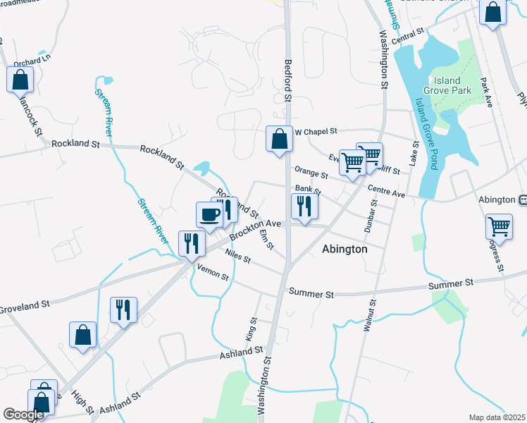 map of restaurants, bars, coffee shops, grocery stores, and more near 5 Rockland Street in Abington
