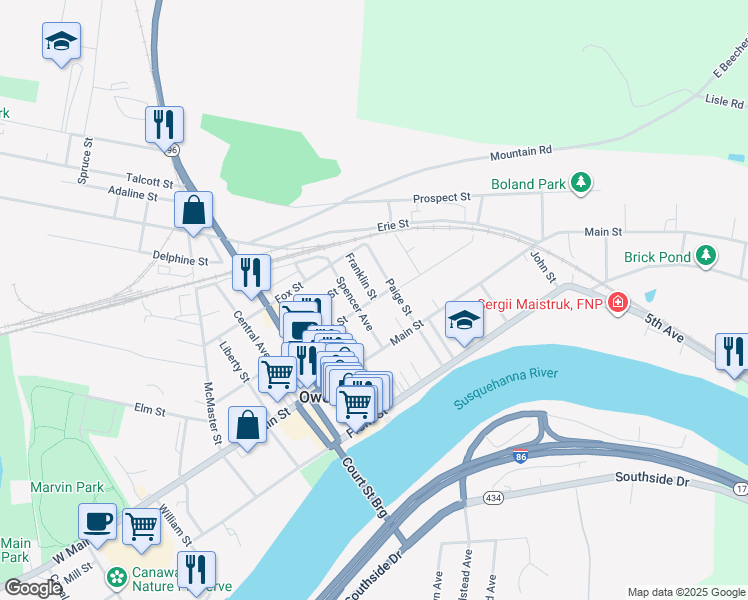 map of restaurants, bars, coffee shops, grocery stores, and more near 156 Temple Street in Owego