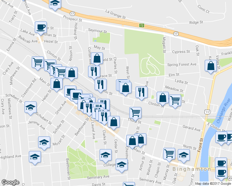 map of restaurants, bars, coffee shops, grocery stores, and more near 204 Clinton St in Binghamton