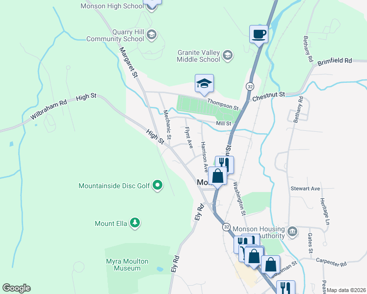 map of restaurants, bars, coffee shops, grocery stores, and more near 10 Flynt Avenue in Monson
