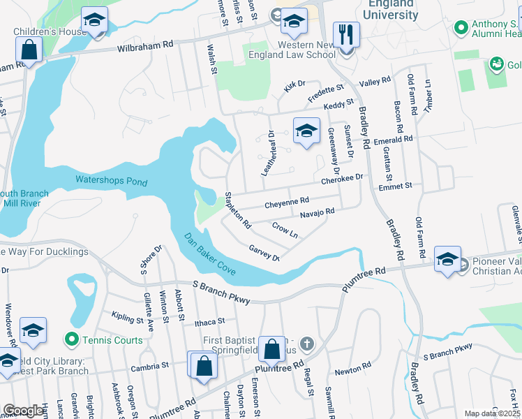 map of restaurants, bars, coffee shops, grocery stores, and more near 43 Cheyenne Road in Springfield