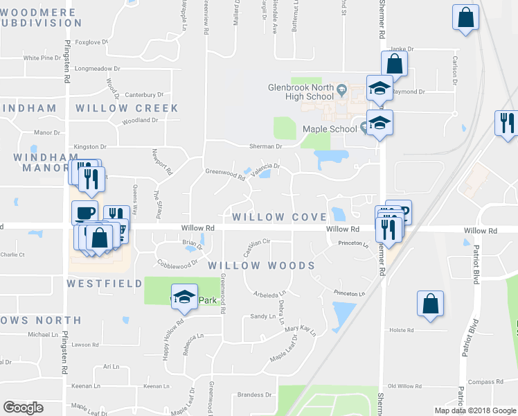 map of restaurants, bars, coffee shops, grocery stores, and more near 2515 Windsor Lane in Northbrook