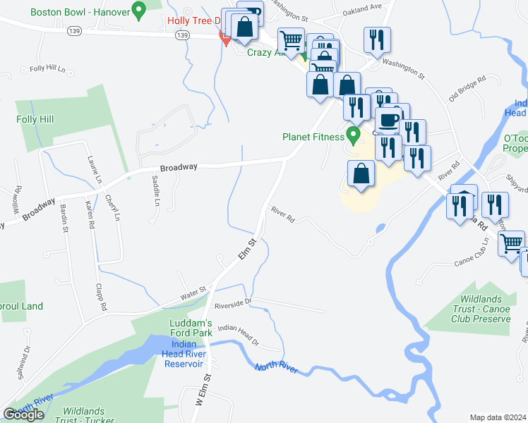 map of restaurants, bars, coffee shops, grocery stores, and more near 70 Elm Street in Hanover