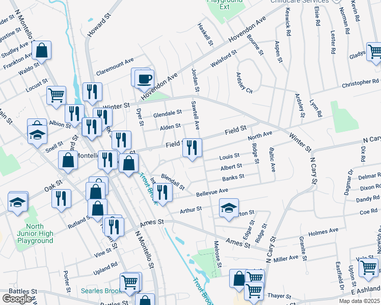 map of restaurants, bars, coffee shops, grocery stores, and more near 60 North Avenue in Brockton