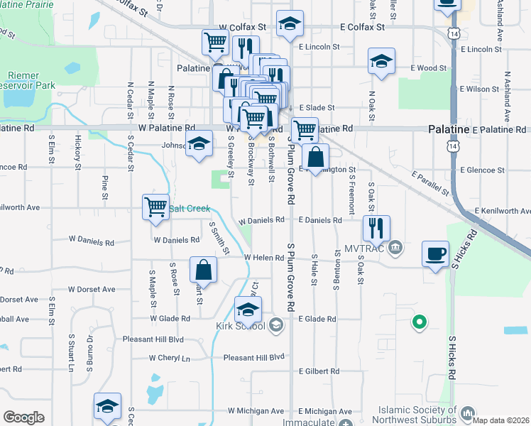 map of restaurants, bars, coffee shops, grocery stores, and more near 166 South Bothwell Street in Palatine