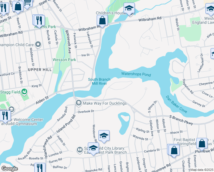 map of restaurants, bars, coffee shops, grocery stores, and more near 58 Pondview Drive in Springfield