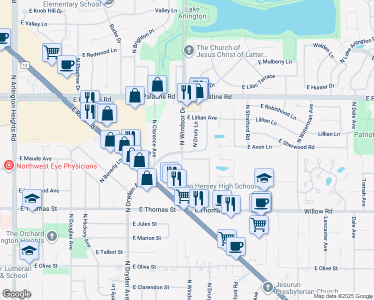 map of restaurants, bars, coffee shops, grocery stores, and more near 1705 North Windsor Drive in Arlington Heights
