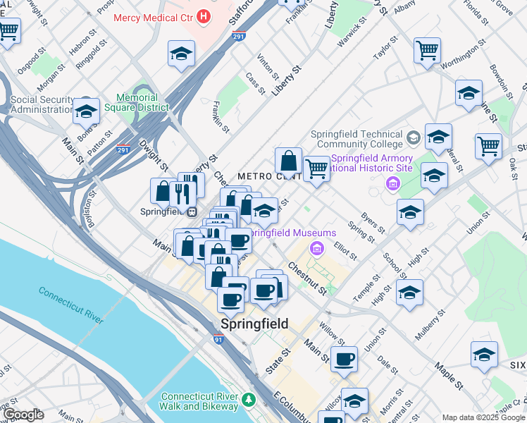 map of restaurants, bars, coffee shops, grocery stores, and more near in Springfield