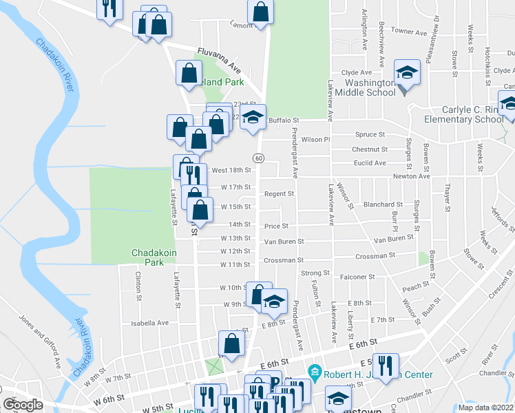 map of restaurants, bars, coffee shops, grocery stores, and more near North Main Street in Jamestown