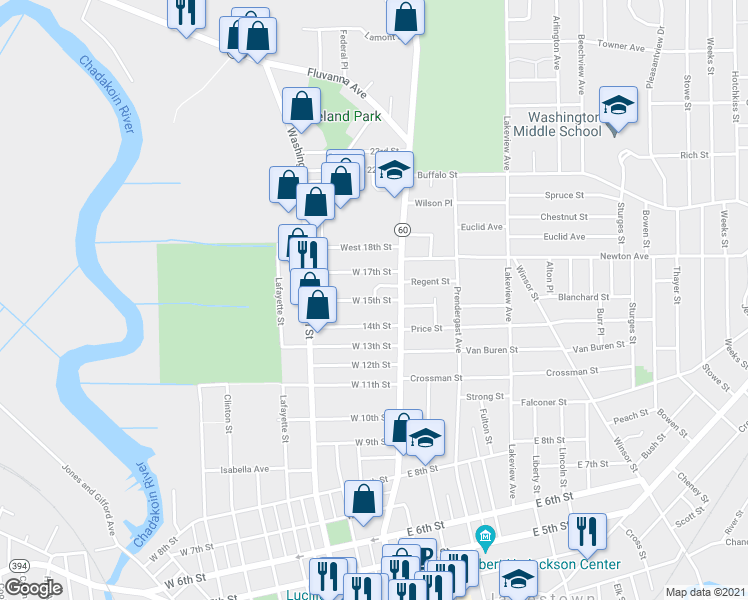 map of restaurants, bars, coffee shops, grocery stores, and more near 15 West 15th Street in Jamestown