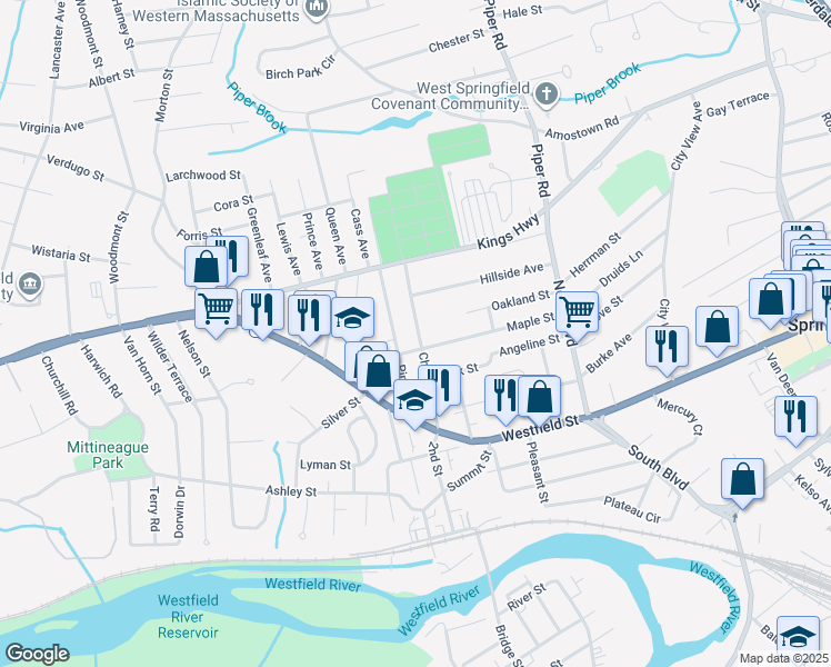 map of restaurants, bars, coffee shops, grocery stores, and more near 105 Chestnut Street in West Springfield