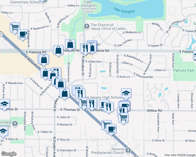 map of restaurants, bars, coffee shops, grocery stores, and more near 1617 East Avon Court in Arlington Heights