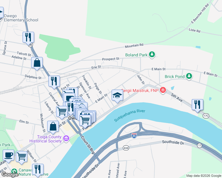 map of restaurants, bars, coffee shops, grocery stores, and more near 317 Main Street in Owego