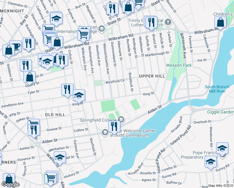 map of restaurants, bars, coffee shops, grocery stores, and more near 202 Dunmoreland Street in Springfield