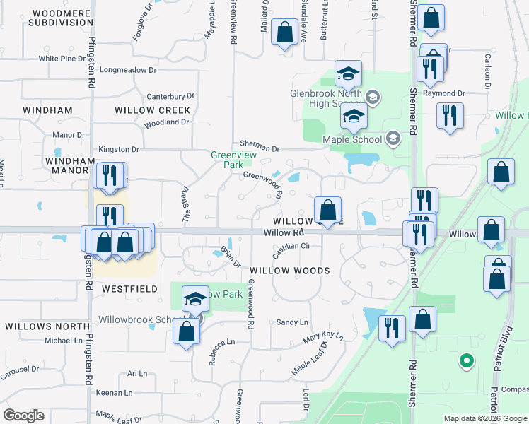 map of restaurants, bars, coffee shops, grocery stores, and more near 2553 Essex Drive in Northbrook