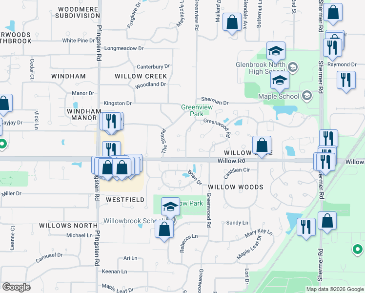map of restaurants, bars, coffee shops, grocery stores, and more near 2510 Greenview Drive in Northbrook