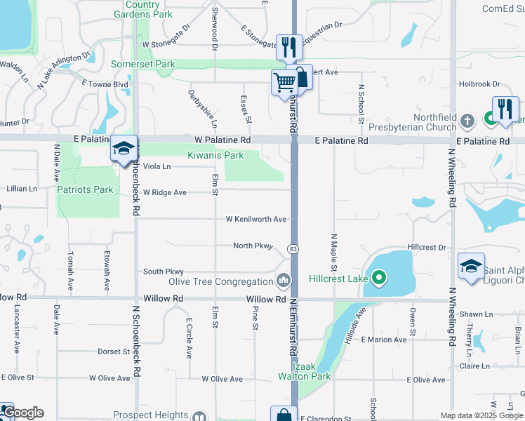 map of restaurants, bars, coffee shops, grocery stores, and more near 12 West Kenilworth Avenue in Prospect Heights
