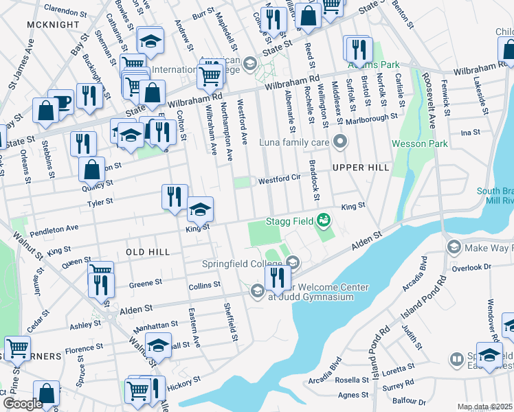 map of restaurants, bars, coffee shops, grocery stores, and more near 199 Westford Avenue in Springfield