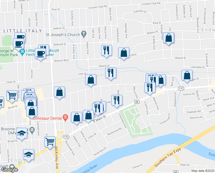 map of restaurants, bars, coffee shops, grocery stores, and more near 2210 North Street in Endicott