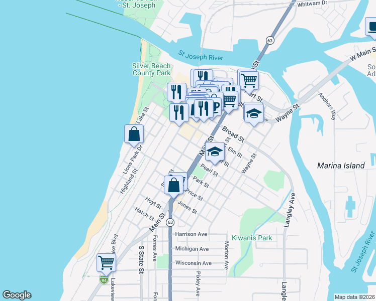 map of restaurants, bars, coffee shops, grocery stores, and more near 617 State Street in St. Joseph