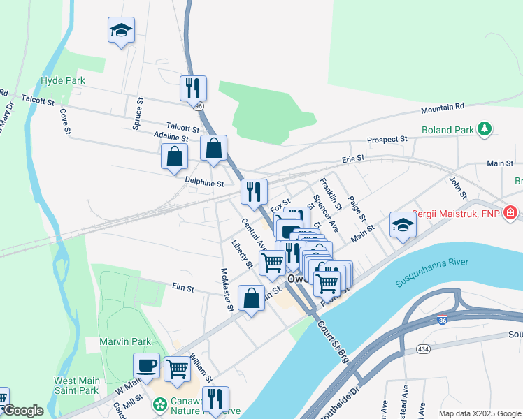 map of restaurants, bars, coffee shops, grocery stores, and more near 132 North Ave in Owego