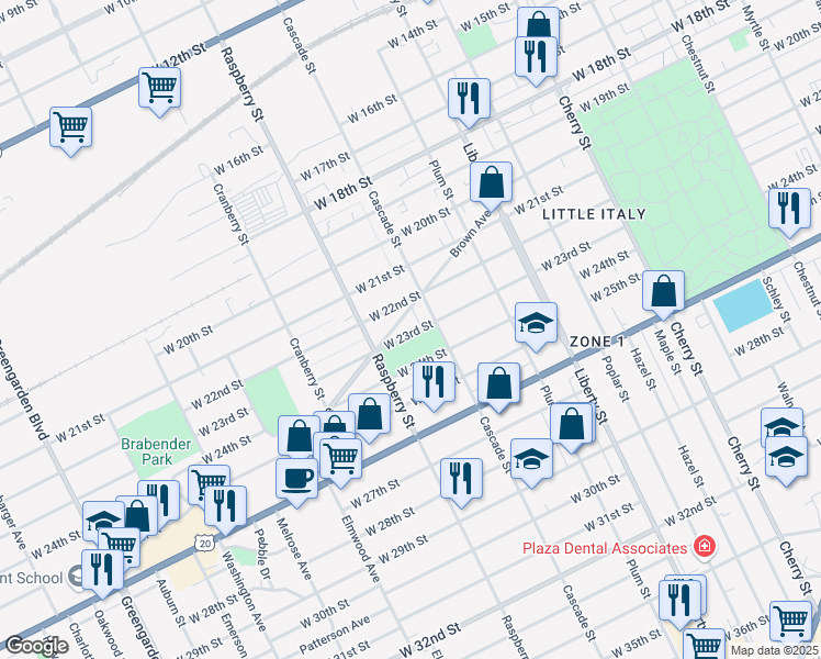 map of restaurants, bars, coffee shops, grocery stores, and more near 1026 West 23rd Street in Erie