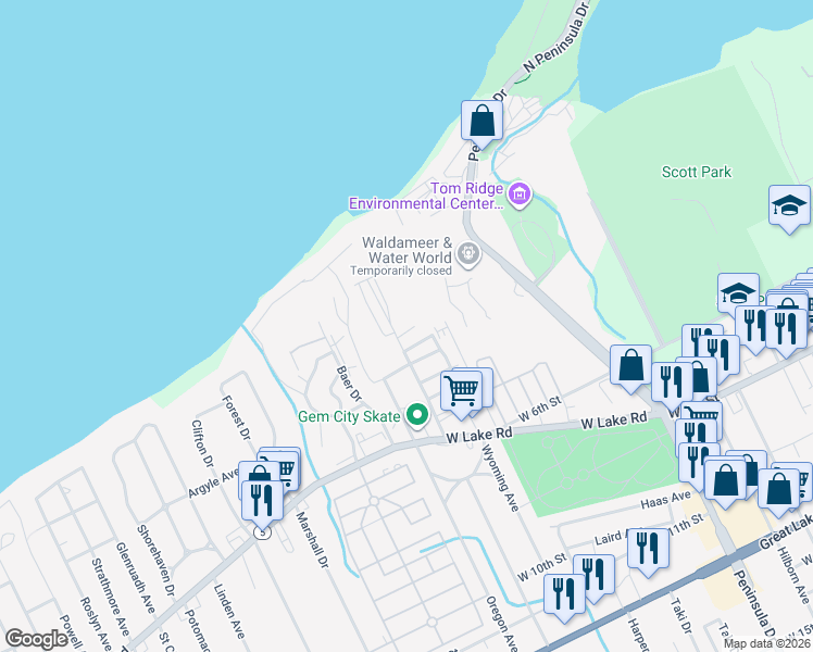 map of restaurants, bars, coffee shops, grocery stores, and more near 3136 Whitehouse Drive in Erie