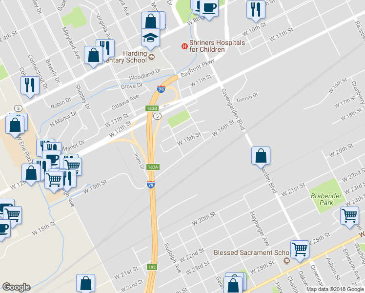 map of restaurants, bars, coffee shops, grocery stores, and more near 1749 West 15th Street in Erie