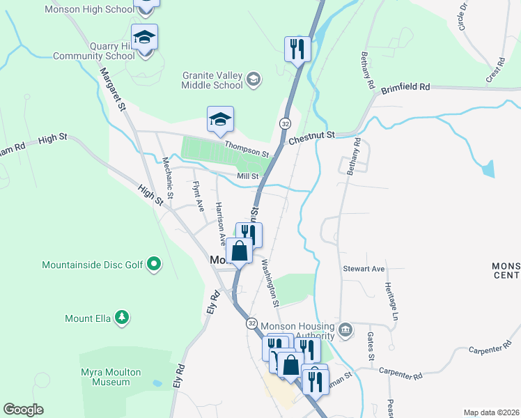 map of restaurants, bars, coffee shops, grocery stores, and more near 6 Belmont Avenue in Monson