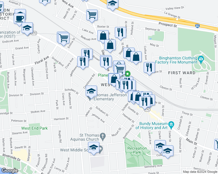map of restaurants, bars, coffee shops, grocery stores, and more near 188 Helen Street in Binghamton