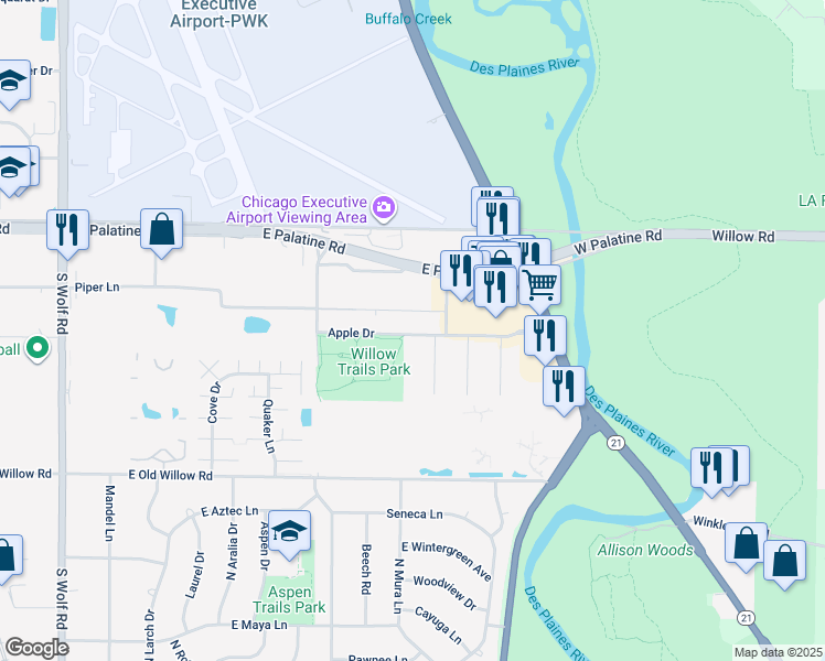 map of restaurants, bars, coffee shops, grocery stores, and more near 821 Apple Drive in Prospect Heights