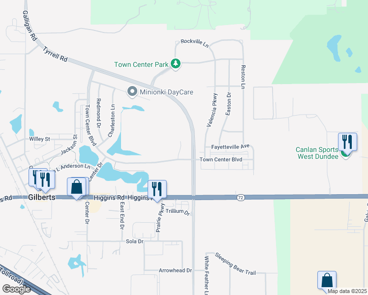 map of restaurants, bars, coffee shops, grocery stores, and more near 113 Stamford Court in Gilberts