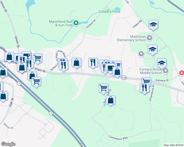 map of restaurants, bars, coffee shops, grocery stores, and more near 848 Plain Street in Marshfield