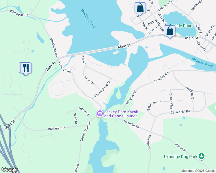 map of restaurants, bars, coffee shops, grocery stores, and more near 33 Stoney Brook Drive in Northbridge