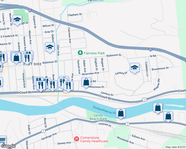 map of restaurants, bars, coffee shops, grocery stores, and more near 22 Grandview Avenue in Binghamton