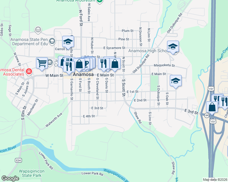 map of restaurants, bars, coffee shops, grocery stores, and more near 452 East 1st Street in Anamosa