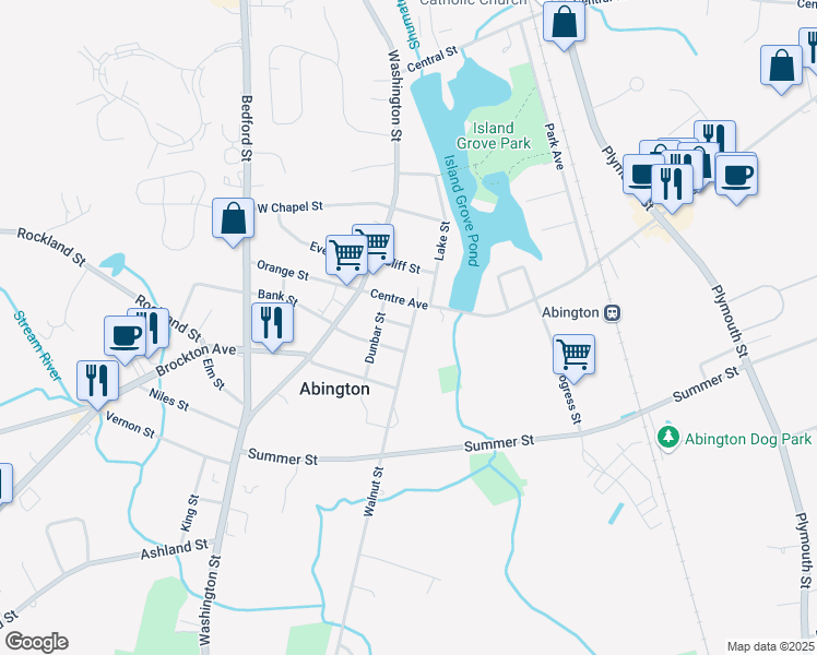 map of restaurants, bars, coffee shops, grocery stores, and more near 29 Cherry Street in Abington