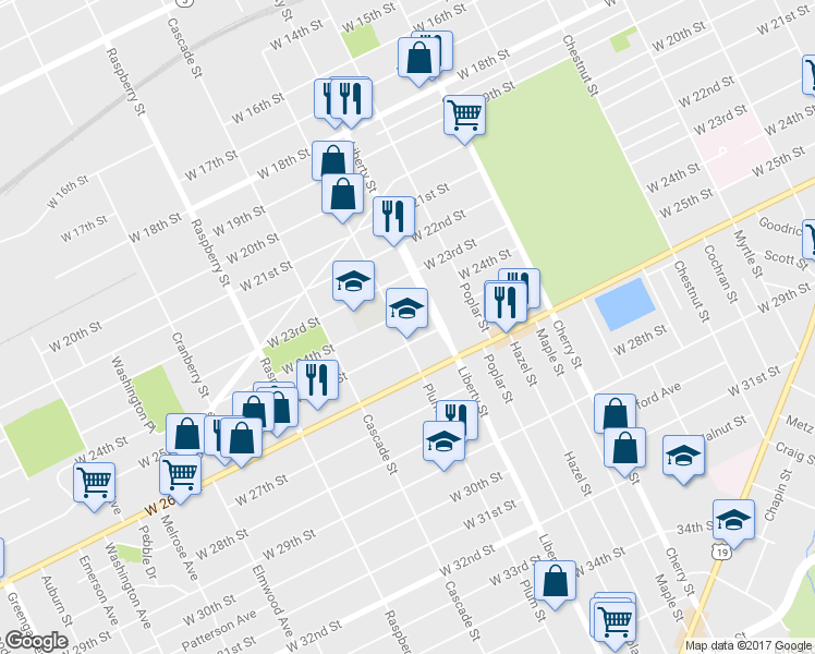 map of restaurants, bars, coffee shops, grocery stores, and more near 2407 Plum Street in Erie