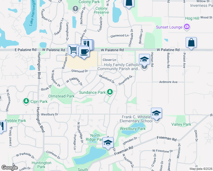 map of restaurants, bars, coffee shops, grocery stores, and more near 4594 Mumford Drive in Hoffman Estates