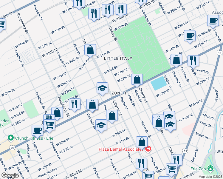 map of restaurants, bars, coffee shops, grocery stores, and more near 2501 Liberty Street in Erie