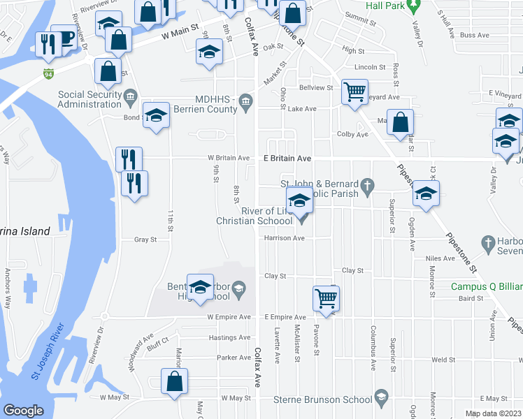 map of restaurants, bars, coffee shops, grocery stores, and more near 631 Colfax Avenue in Benton Harbor