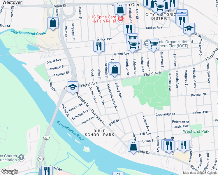 map of restaurants, bars, coffee shops, grocery stores, and more near 2 Arlington Street in Johnson City