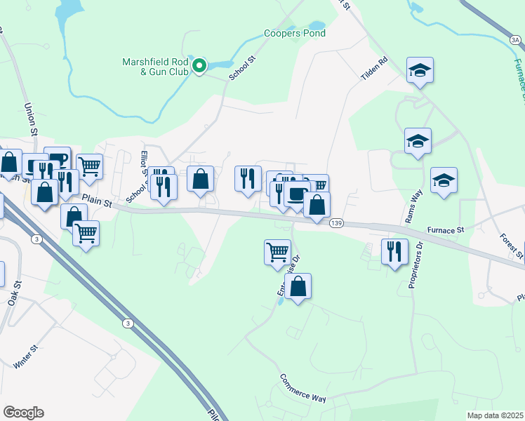 map of restaurants, bars, coffee shops, grocery stores, and more near 784 Massachusetts 139 in Marshfield