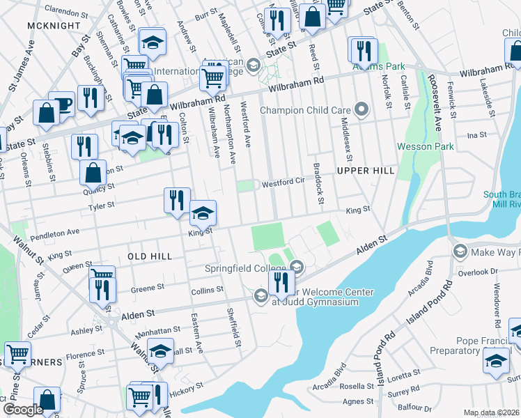 map of restaurants, bars, coffee shops, grocery stores, and more near 199 Westford Avenue in Springfield