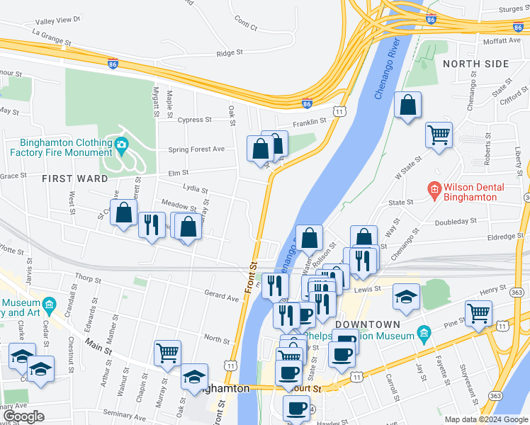 map of restaurants, bars, coffee shops, grocery stores, and more near 246 Front Street in Binghamton
