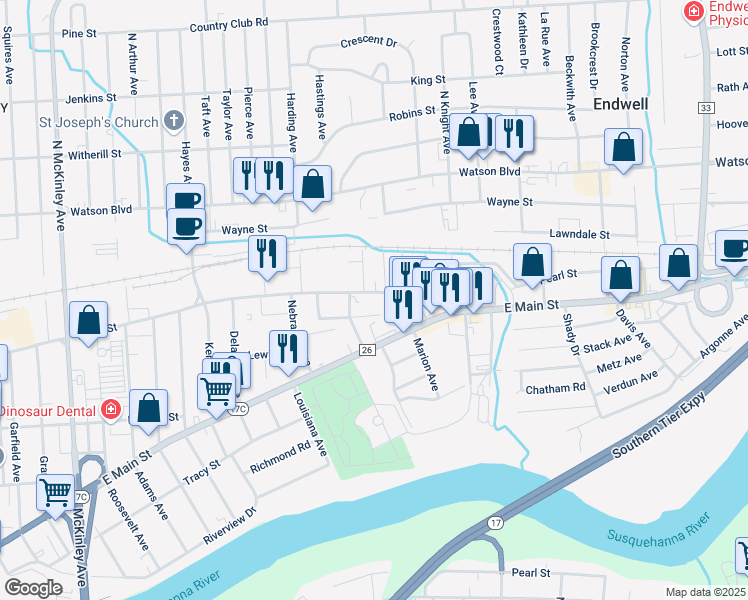 map of restaurants, bars, coffee shops, grocery stores, and more near in Endwell