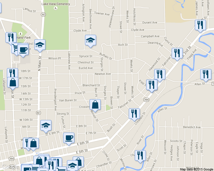map of restaurants, bars, coffee shops, grocery stores, and more near 79 Sturges Street in Jamestown