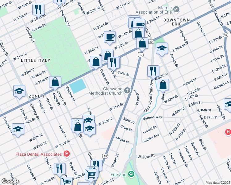 map of restaurants, bars, coffee shops, grocery stores, and more near 2907 Cochran Street in Erie