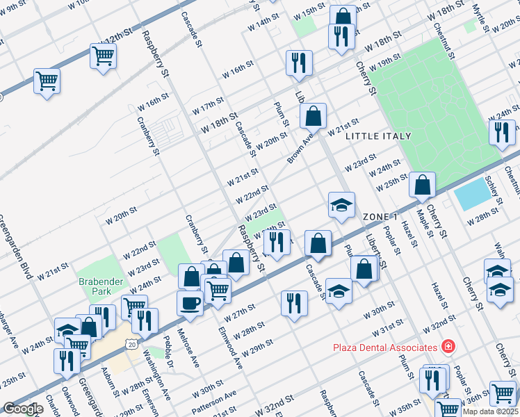 map of restaurants, bars, coffee shops, grocery stores, and more near 1026 West 23rd Street in Erie